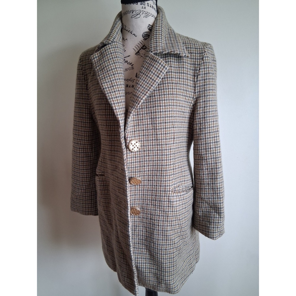 Sun Shine Womens Houndstooth Longline Coat Tan Brown Gold Button Size S